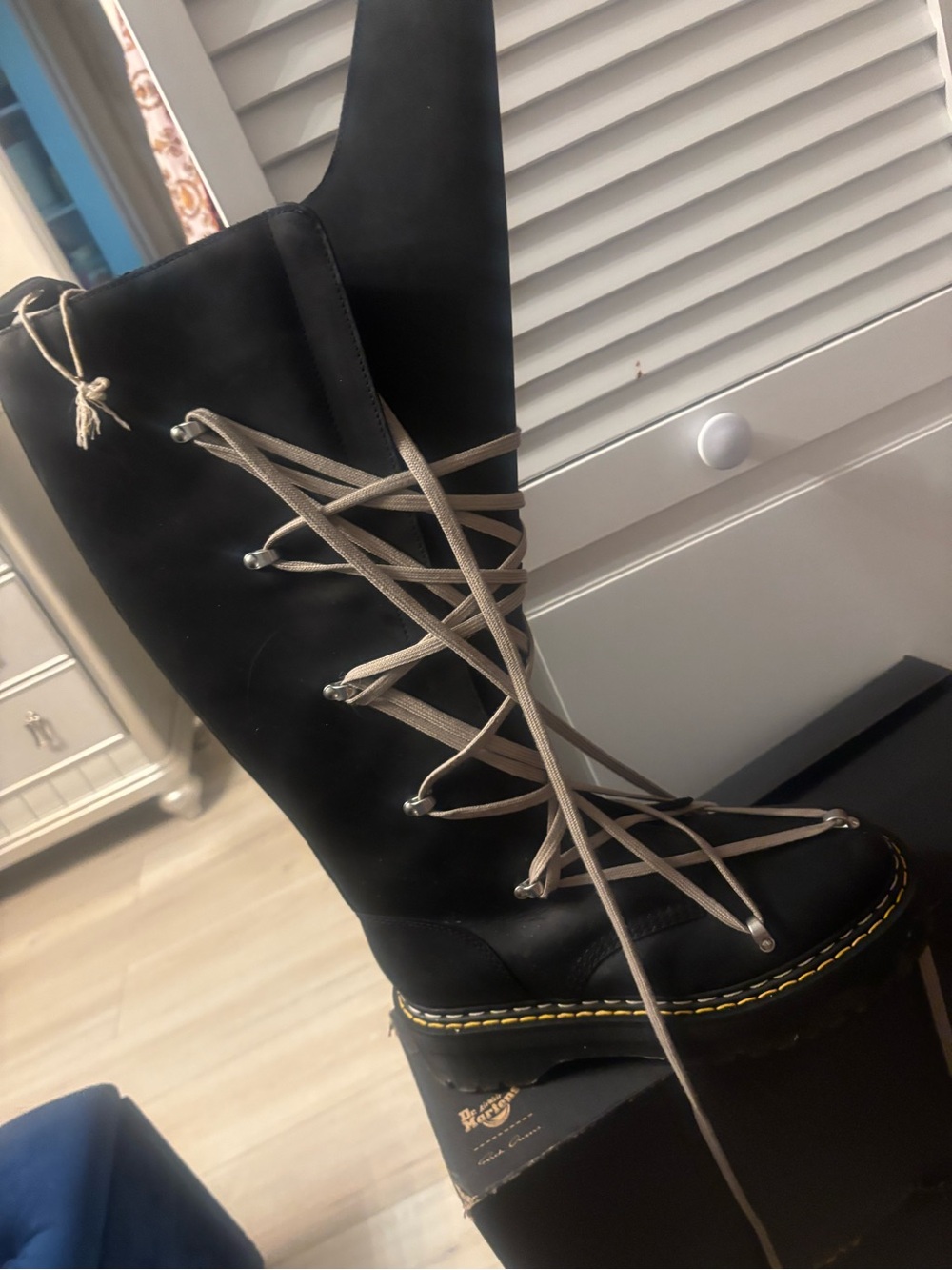 Rick Owens Black Lace-Up Platform Knee Boots with Beige Laces